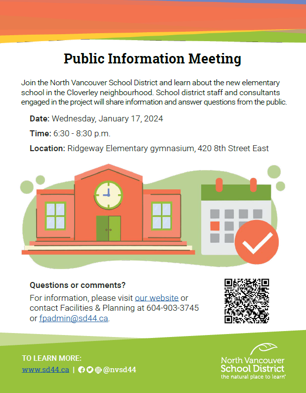 Image of poster for public information meeting for new elementary school taking place on Jan. 17, 2024, at Ridgeway Elementary