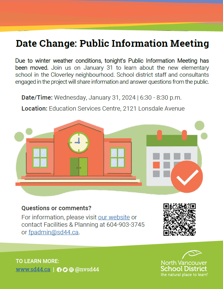 Image of poster for rescheduled public information meeting for new elementary school on January 31 2024 at the Education Services Centre.PNG