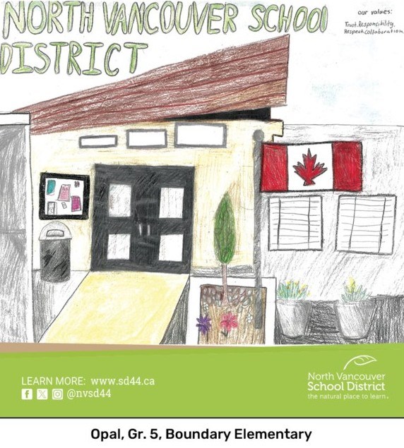 Child-created poster depicting the front entrance of a school building labeled “North Vancouver School District.” The drawing shows double doors, windows, a bulletin board, a trash can, and planters with flowers and a small tree. A Canadian flag is displayed on the right side. Handwritten text in the top corner lists values: “Trust, Responsibility, Respect, Collaboration.” A green banner at the bottom includes the website (sd44.ca), social media handle (@nvsd44), and North Vancouver School District logo, with attribution to a Grade 5 student from Boundary Elementary.