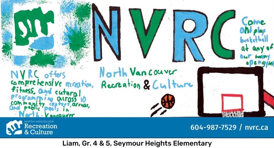 Child-created poster for North Vancouver Recreation & Culture featuring large green and blue “NVRC” lettering, paint splatters,