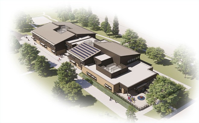 A rendering of a large school building.