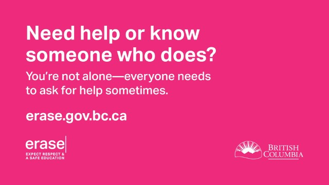 <div class="ExternalClass35ADC58C997B445E827D5E6108414430"><p>​erase is about building safe and caring school communities. This includes empowering students, families, educators and the community partners who support them to get help with challenges, report concerns to schools, and learn about complex issues facing students. </p></div>