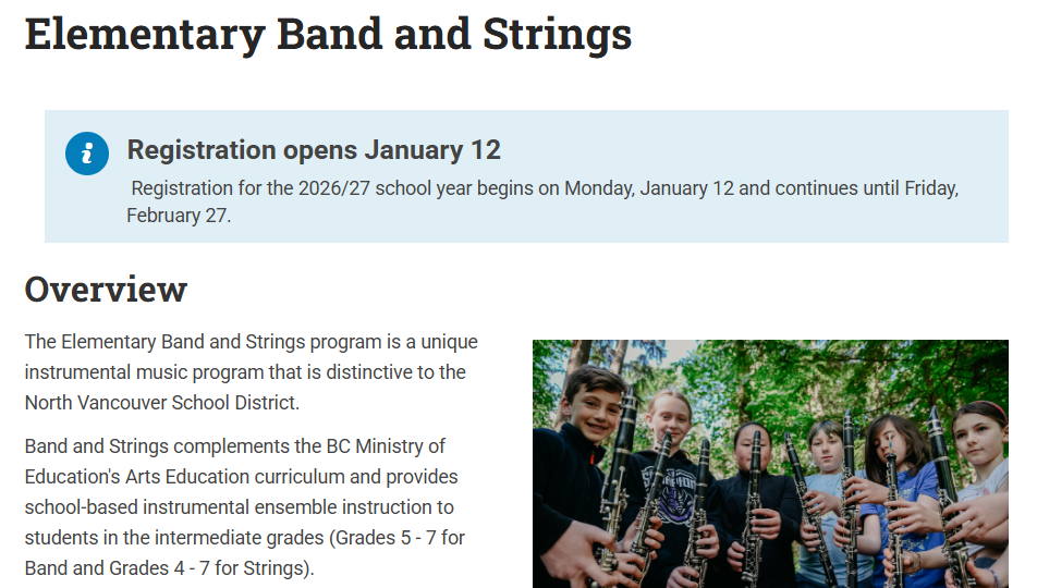 2026/27 Elementary Band and Strings – Registration Opens January 12, 2026